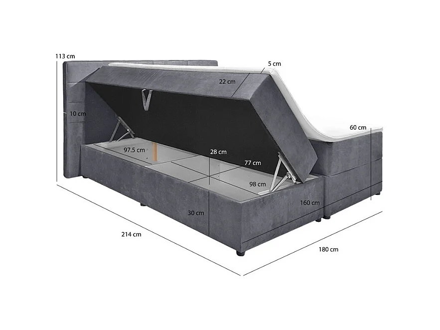 Lit boxspring 160x200 velours gris 2 coffres latéraux - BRANDON