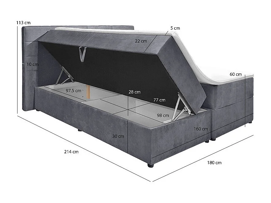 Lit boxspring 160x200 velours gris 2 coffres latéraux - BRANDON