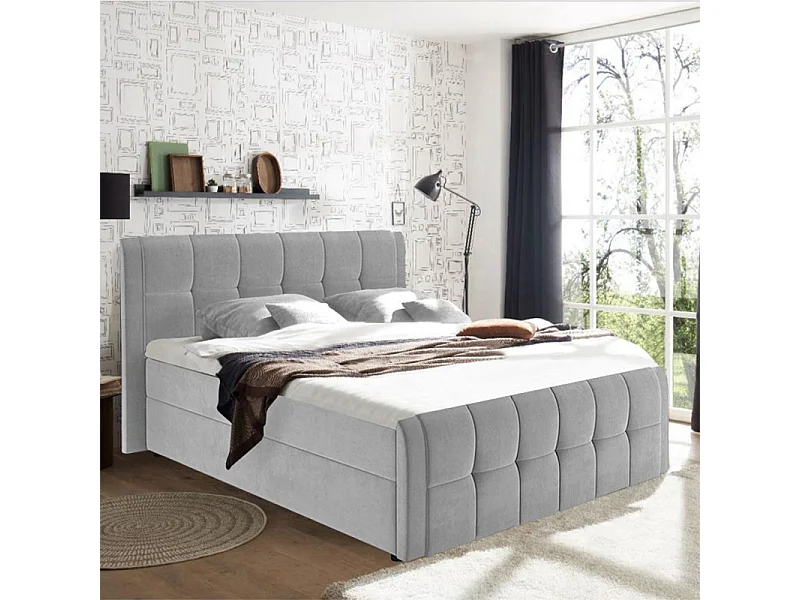 Lit boxspring 160x200 cm velours gris 2 rangements - RIVEN