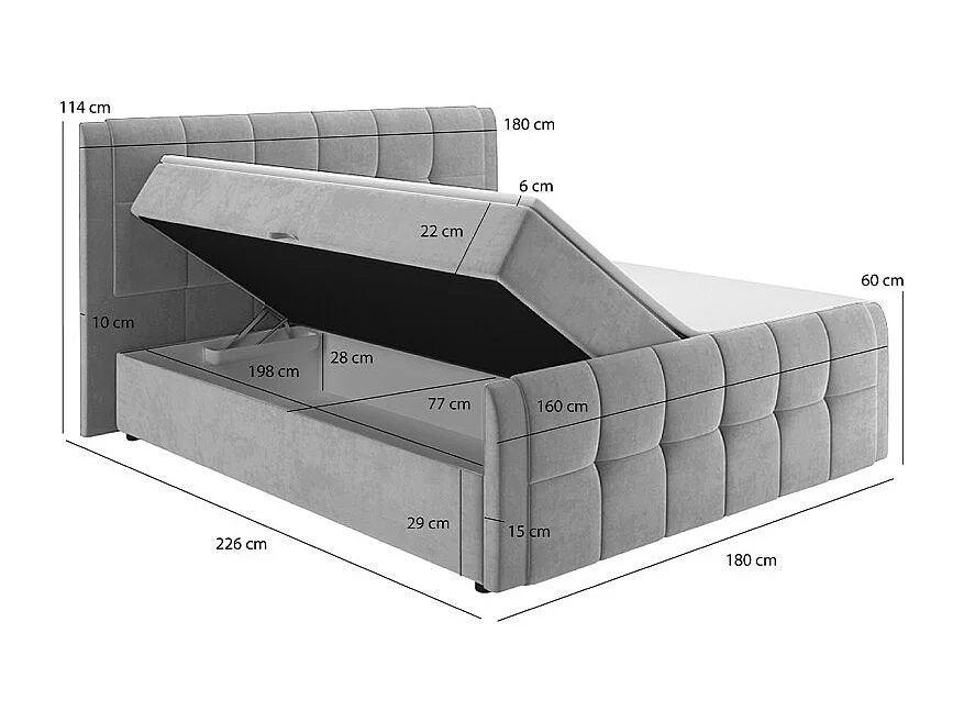 Lit boxspring 160x200 cm velours gris 2 rangements - RIVEN