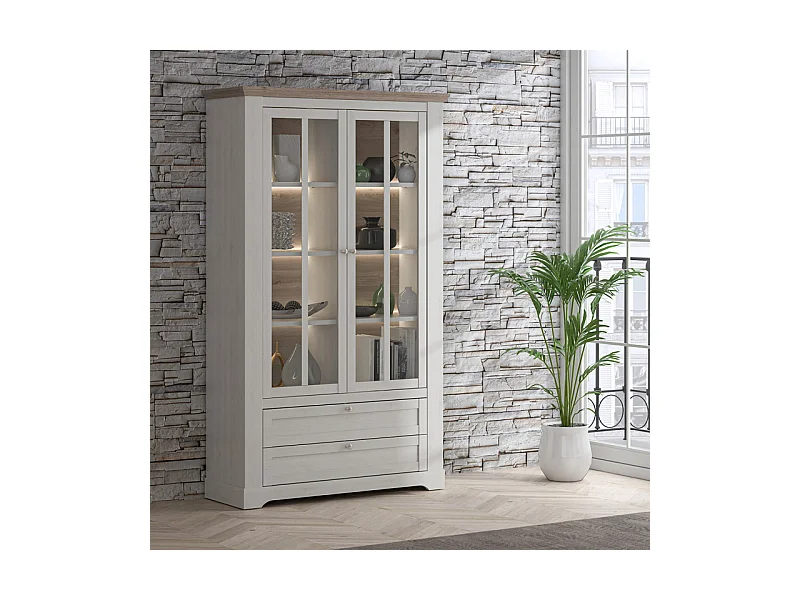 Vitrine 2 portes 2 tiroirs éclairage LED décor blanchi - ANGELE