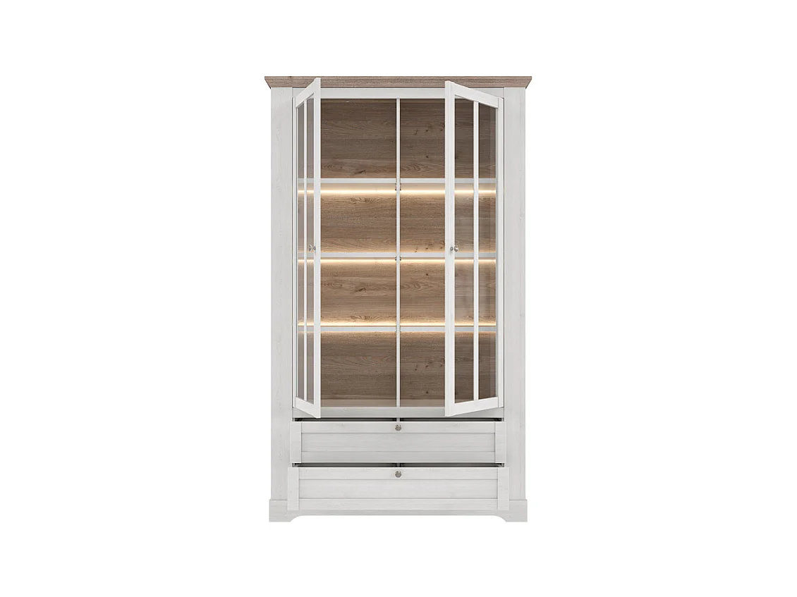 Vitrine 2 portes 2 tiroirs éclairage LED décor blanchi - ANGELE