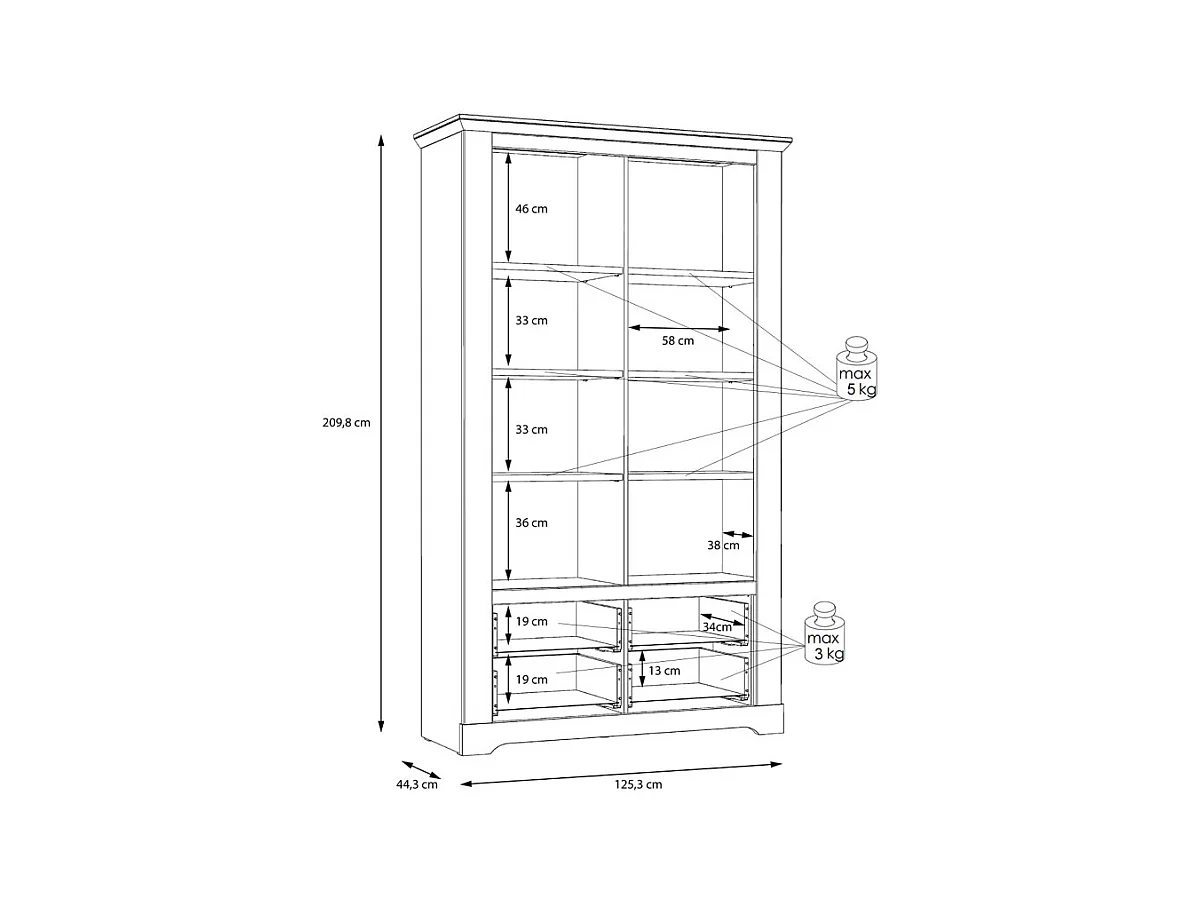 Vitrine 2 portes 2 tiroirs éclairage LED décor blanchi - ANGELE