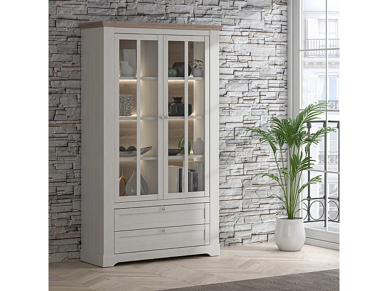 Vitrine 2 portes 2 tiroirs éclairage LED décor blanchi - ANGELE