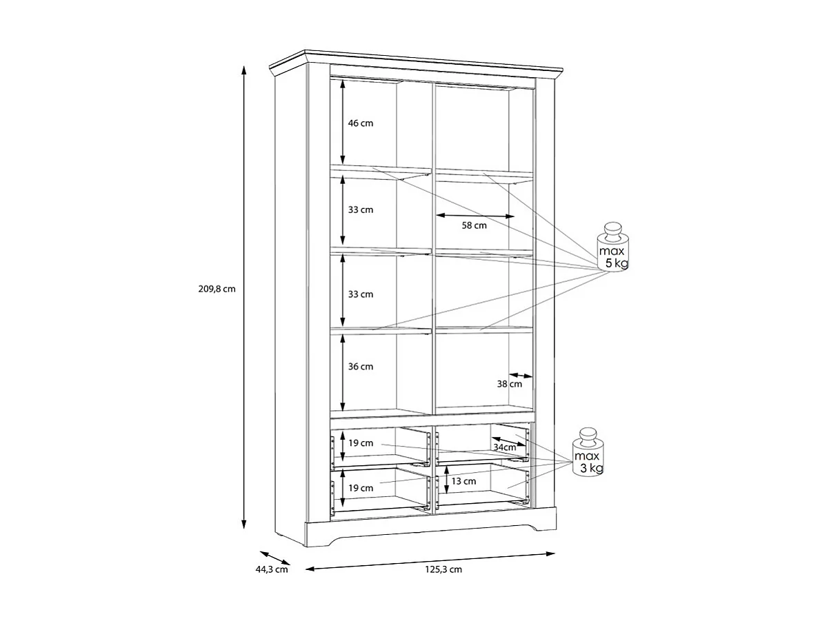 Vitrine 2 portes 2 tiroirs éclairage LED décor blanchi - ANGELE