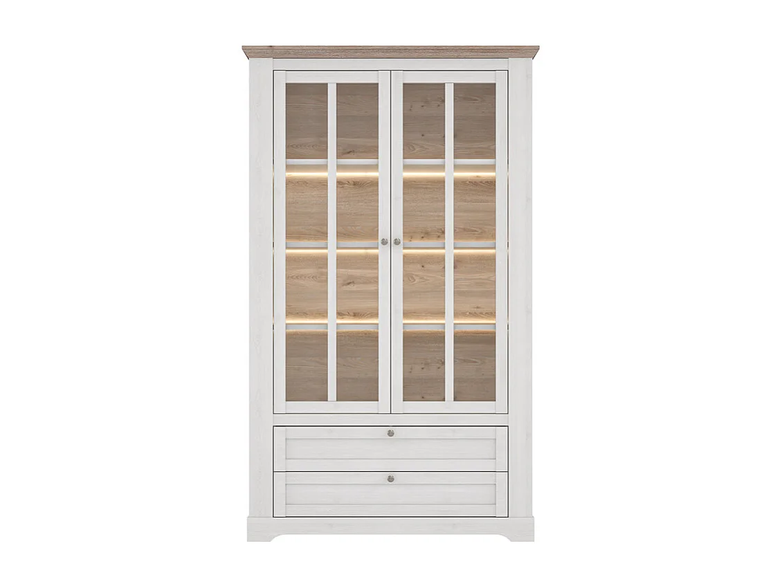 Vitrine 2 portes 2 tiroirs éclairage LED décor blanchi - ANGELE