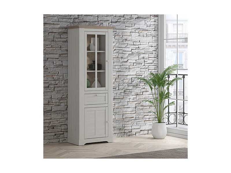 Vitrine 2 portes 1 tiroir éclairage LED décor chêne blanchi - ANGELE