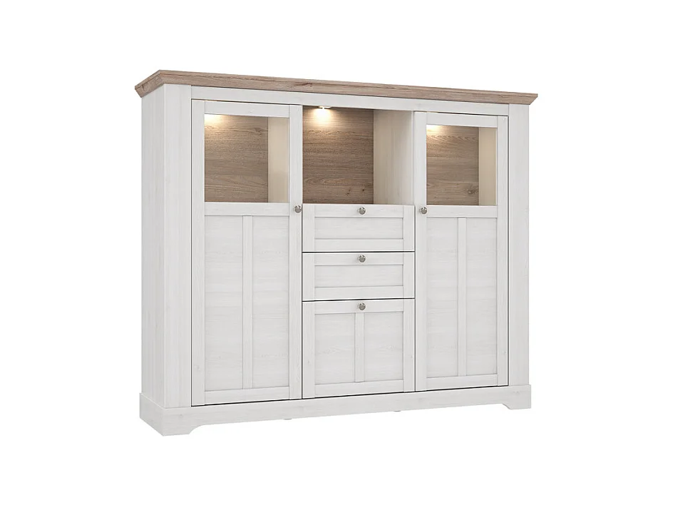 Buffet vitrine 3 portes 2 tiroirs + LED décor chêne blanchi - ANGELE