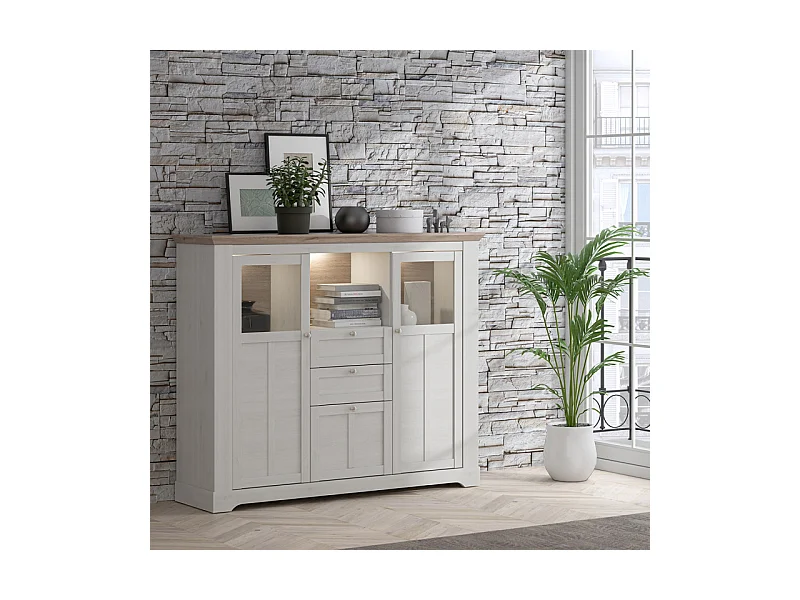 Buffet vitrine 3 portes 2 tiroirs + LED décor chêne blanchi - ANGELE