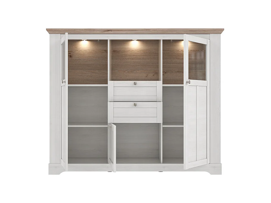 Buffet vitrine 3 portes 2 tiroirs + LED décor chêne blanchi - ANGELE