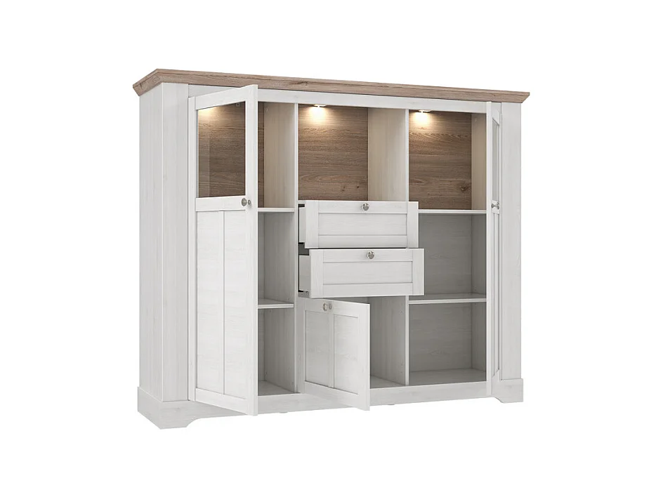 Buffet vitrine 3 portes 2 tiroirs + LED décor chêne blanchi - ANGELE