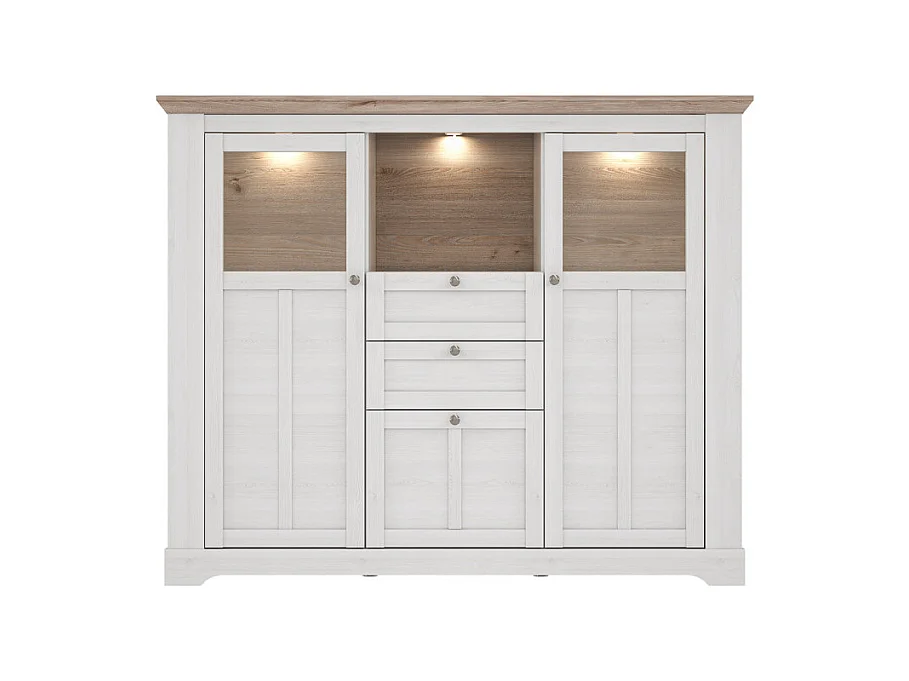 Buffet vitrine 3 portes 2 tiroirs + LED décor chêne blanchi - ANGELE