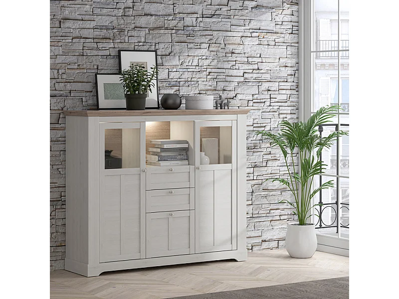 Buffet vitrine 3 portes 2 tiroirs + LED décor chêne blanchi - ANGELE
