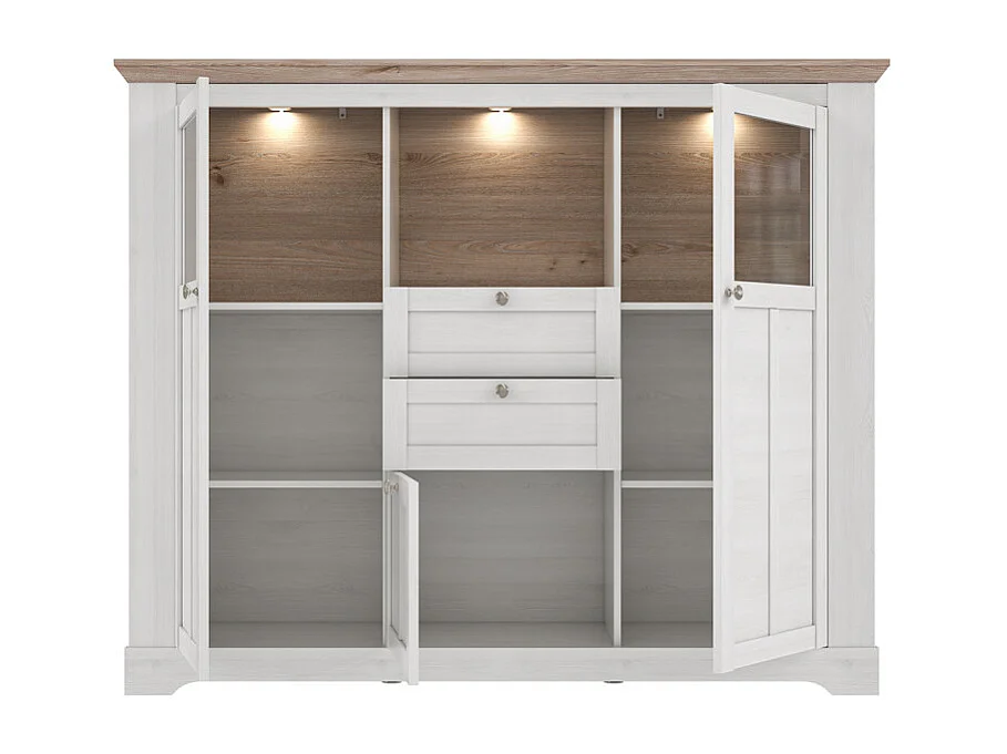 Buffet vitrine 3 portes 2 tiroirs + LED décor chêne blanchi - ANGELE