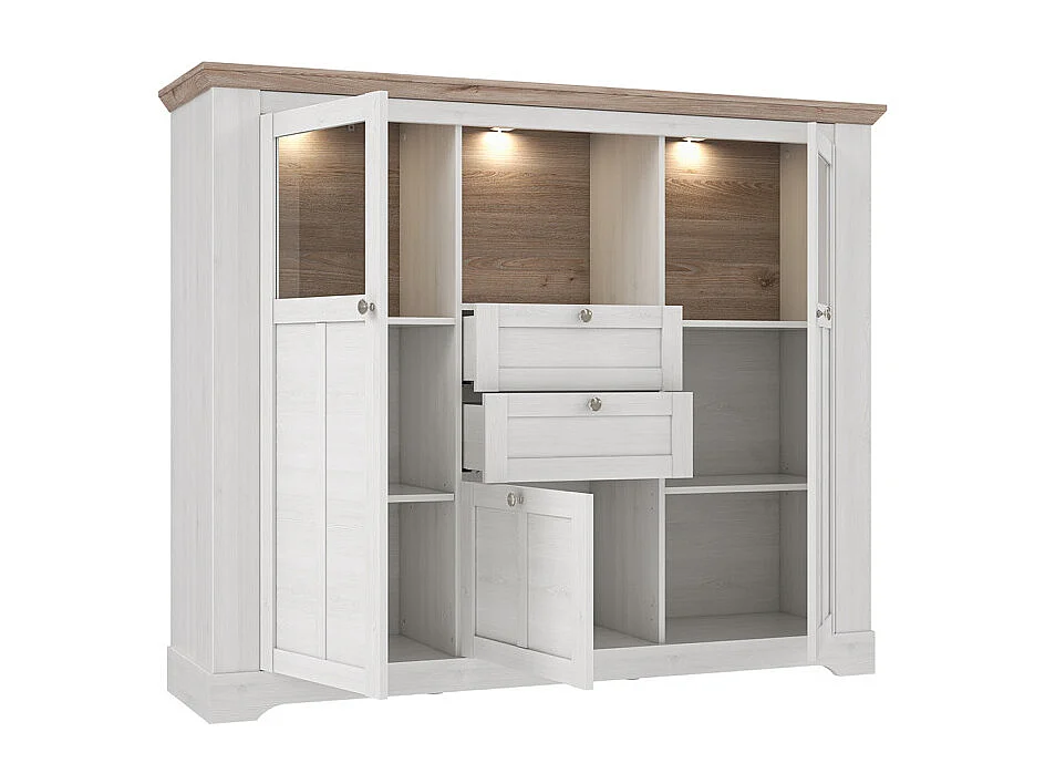 Buffet vitrine 3 portes 2 tiroirs + LED décor chêne blanchi - ANGELE