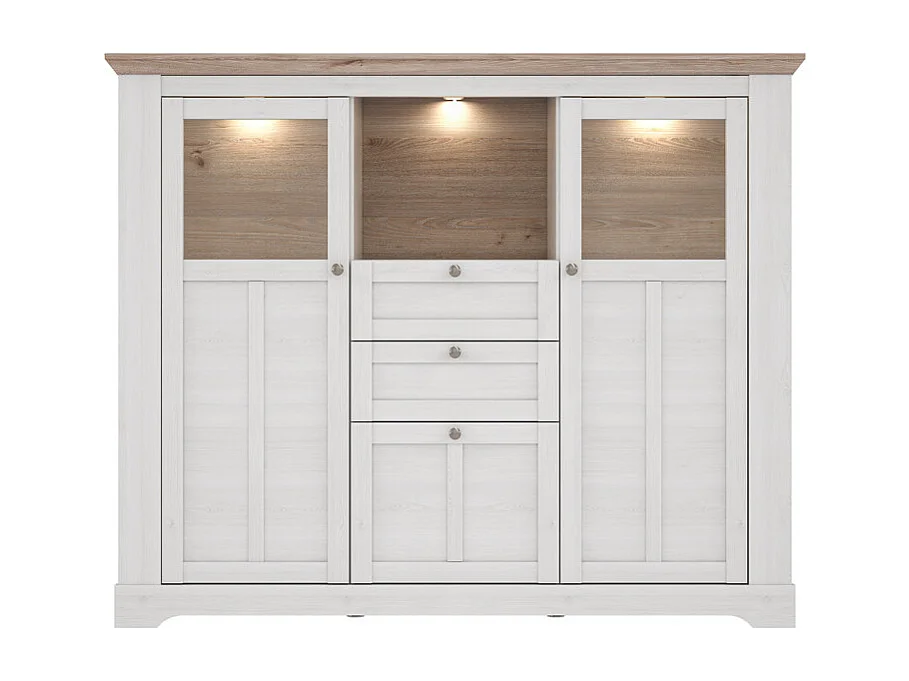 Buffet vitrine 3 portes 2 tiroirs + LED décor chêne blanchi - ANGELE