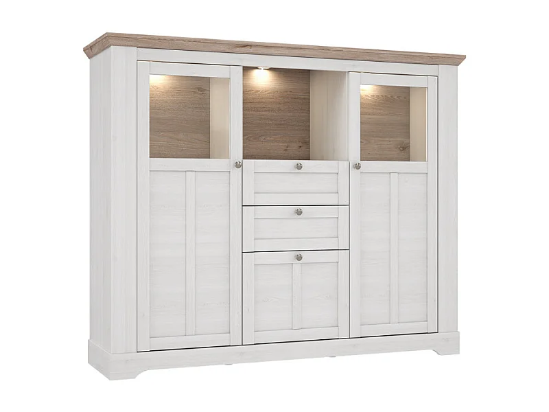 Buffet vitrine 3 portes 2 tiroirs + LED décor chêne blanchi - ANGELE