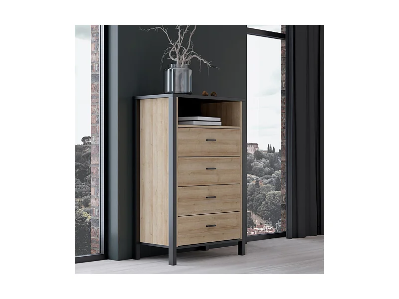 Chiffonnier 4 tiroirs 1 niche décor noir et bois chêne - MODE