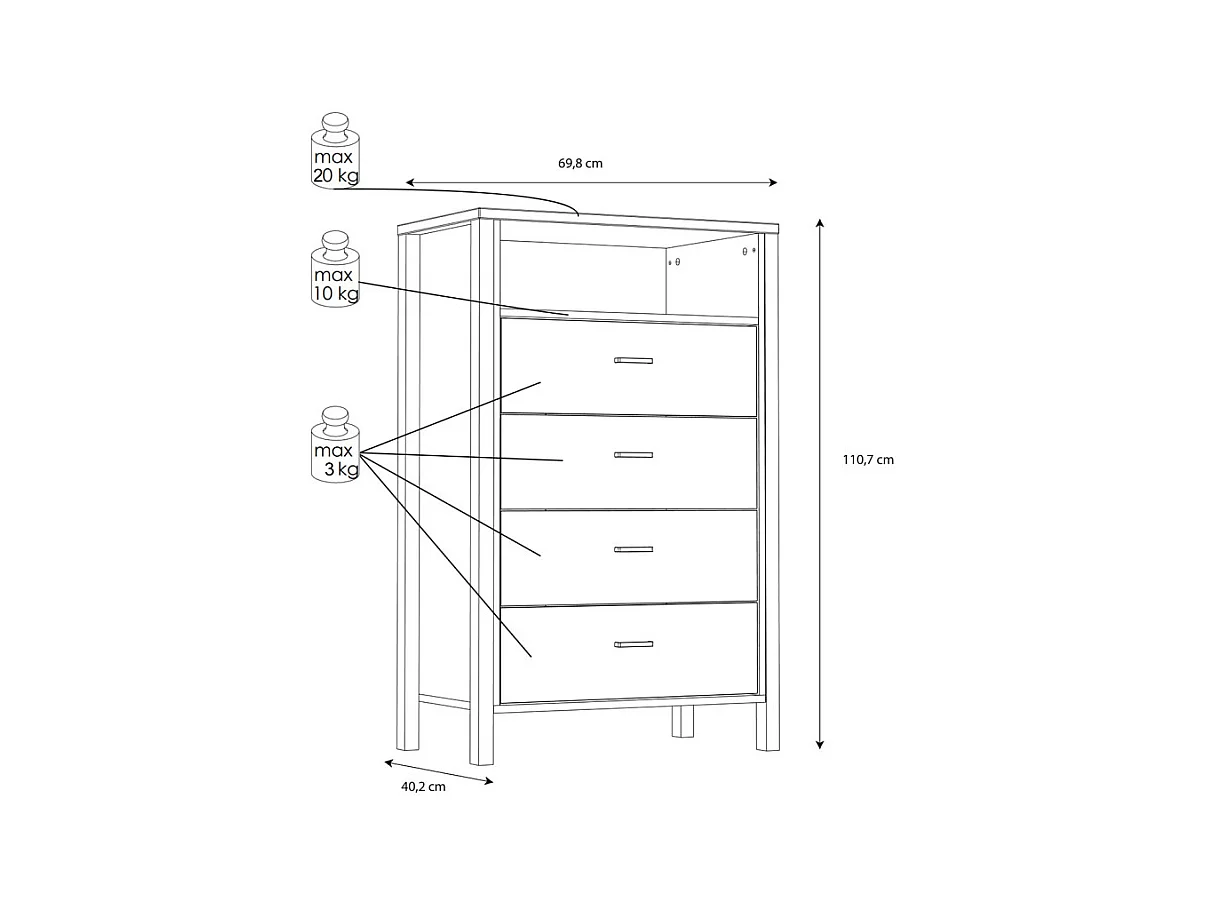 Chiffonnier 4 tiroirs 1 niche décor noir et bois chêne - MODE
