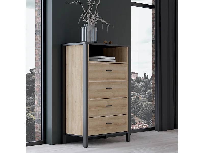 Chiffonnier 4 tiroirs 1 niche décor noir et bois chêne - MODE