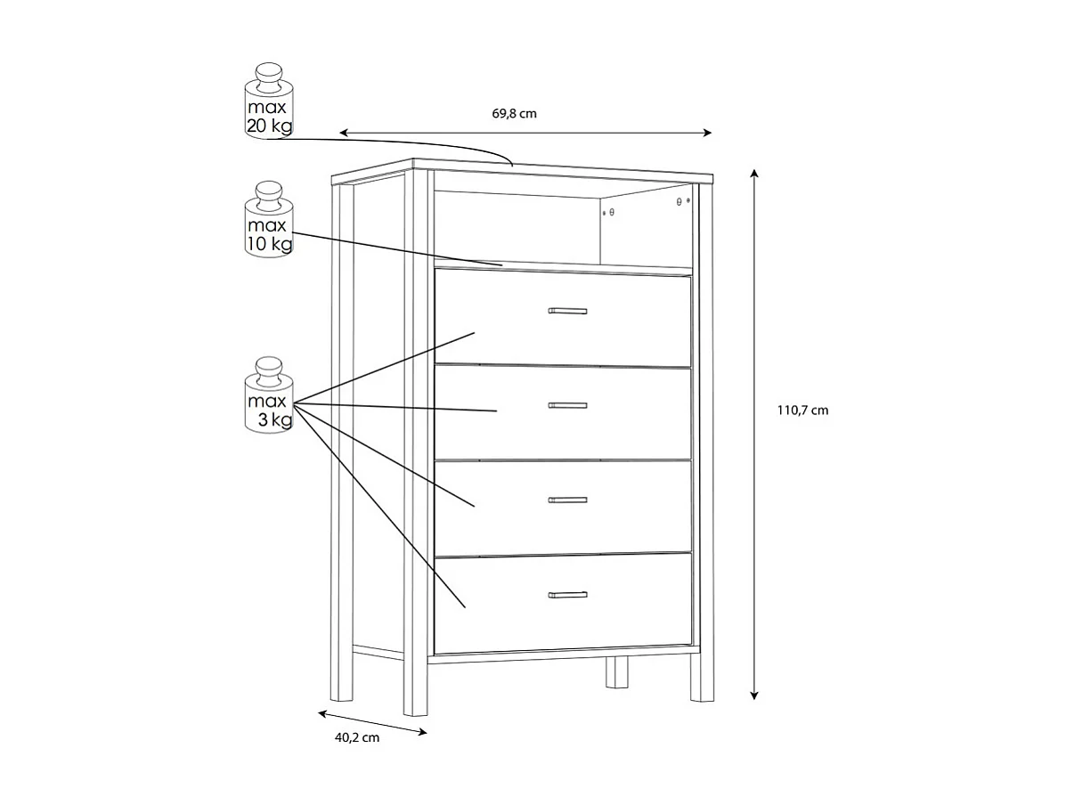 Chiffonnier 4 tiroirs 1 niche décor noir et bois chêne - MODE
