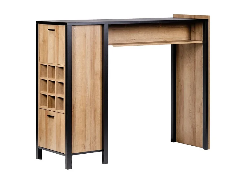 Table haute bar 9 casiers à bouteilles décor noir et effet chêne - MODE