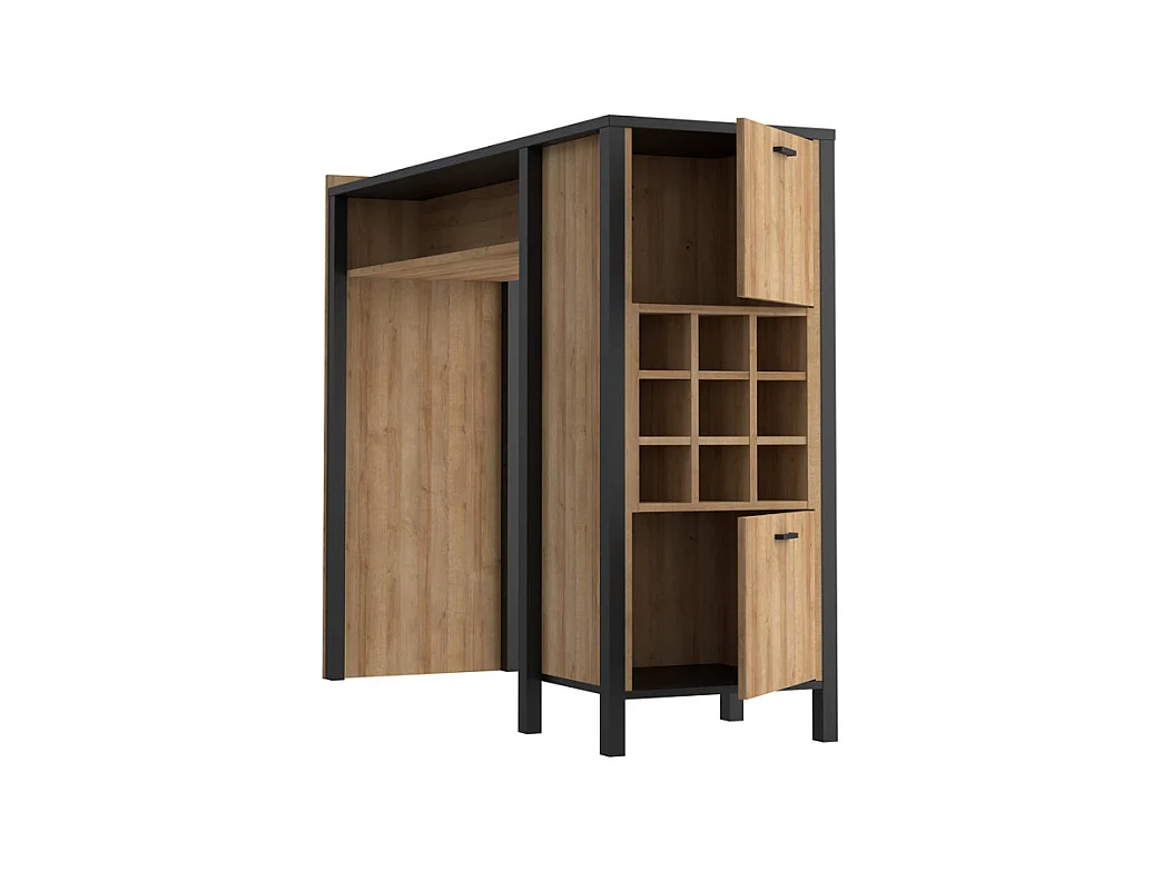 Table haute bar 9 casiers à bouteilles décor noir et effet chêne - MODE