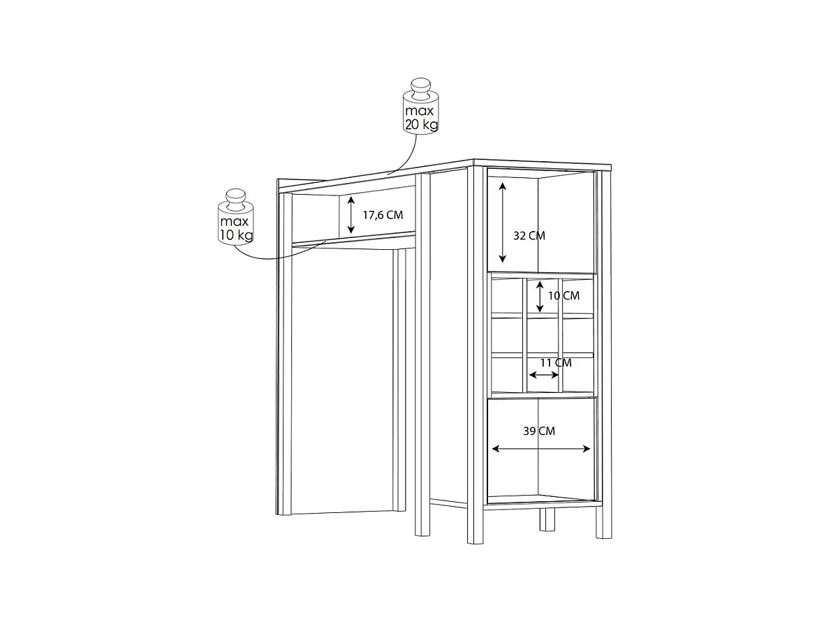 Table haute bar 9 casiers à bouteilles décor noir et effet chêne - MODE