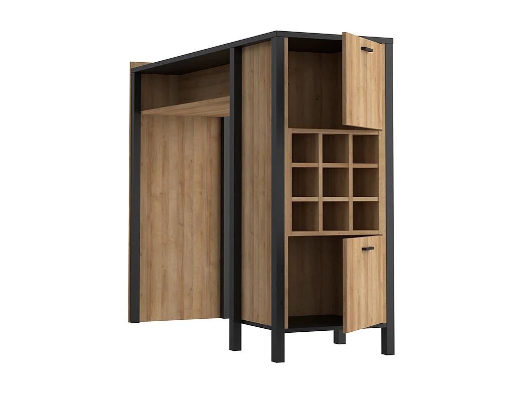 Table haute bar 9 casiers à bouteilles décor noir et effet chêne - MODE