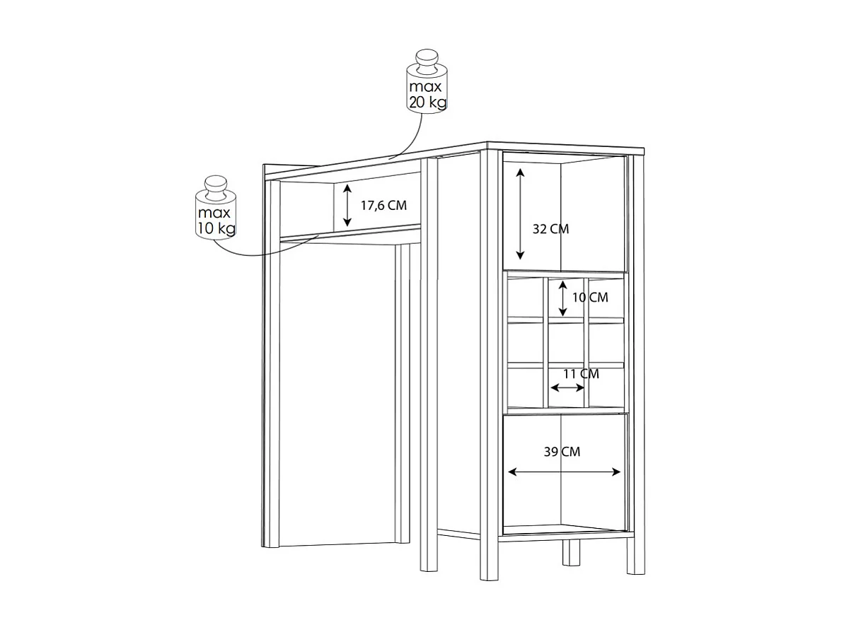 Table haute bar 9 casiers à bouteilles décor noir et effet chêne - MODE