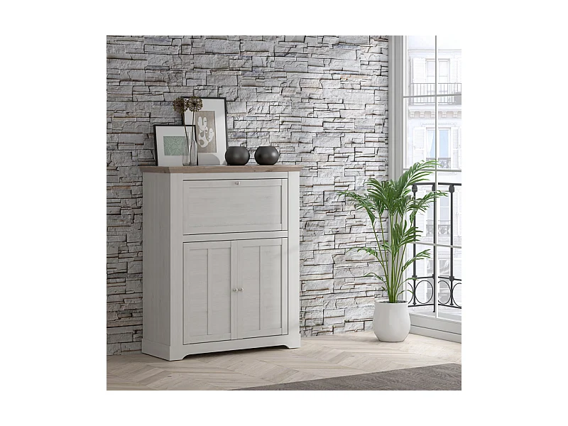 Meuble bar 115 cm 1 abattant 2 portes décor chêne blanchi - ANGELE