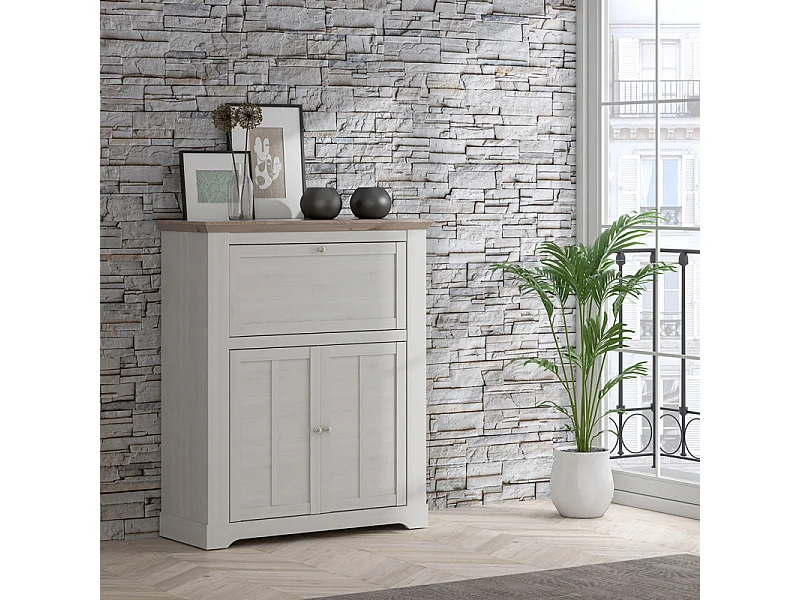 Meuble bar 115 cm 1 abattant 2 portes décor chêne blanchi - ANGELE