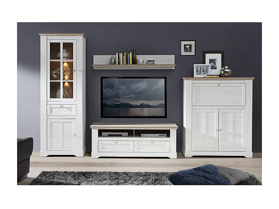 Meuble bar 115 cm 1 abattant 2 portes décor chêne blanchi - ANGELE