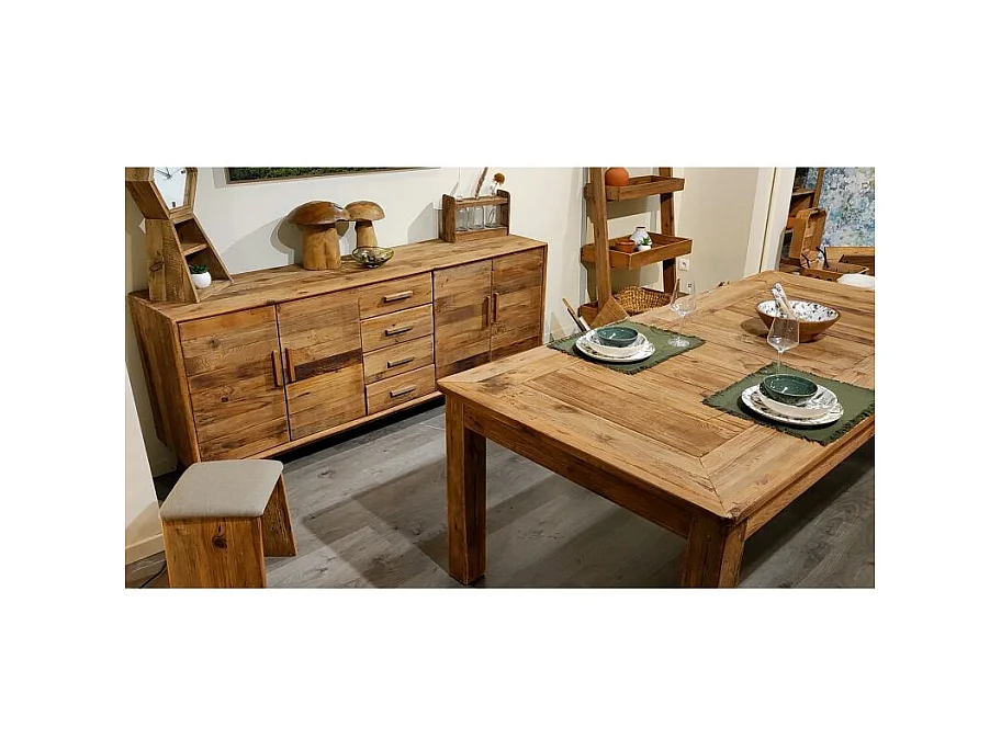 Buffet 200 cm en pin massif recyclé 4 tiroirs 4 portes - CHALET