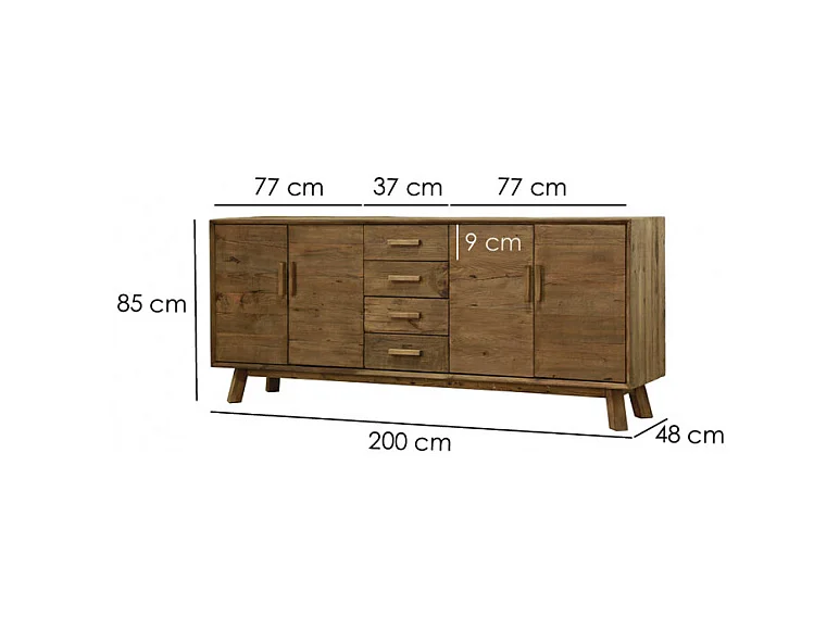 Buffet 200 cm en pin massif recyclé 4 tiroirs 4 portes - CHALET