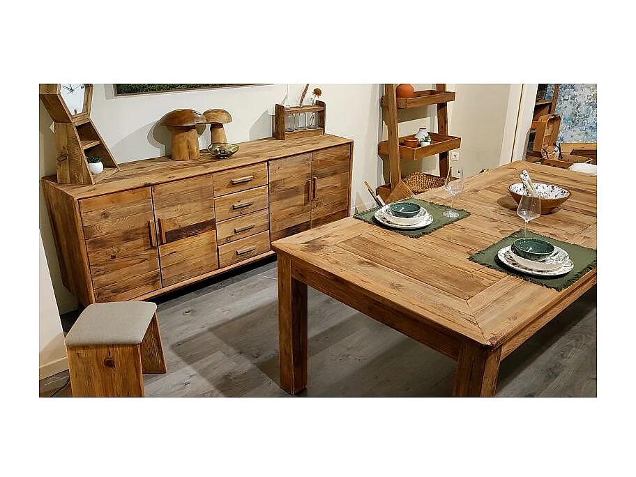 Buffet 200 cm en pin massif recyclé 4 tiroirs 4 portes - CHALET
