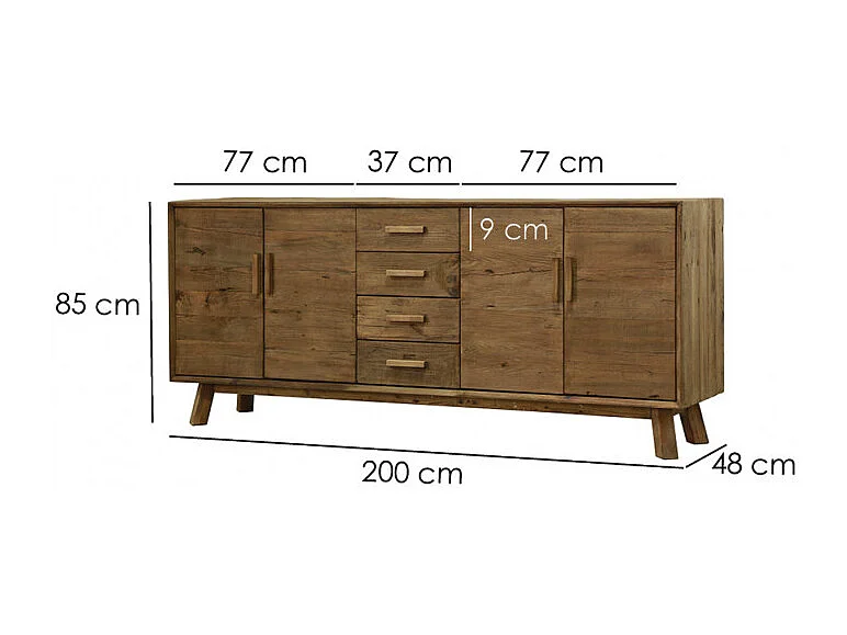 Buffet 200 cm en pin massif recyclé 4 tiroirs 4 portes - CHALET