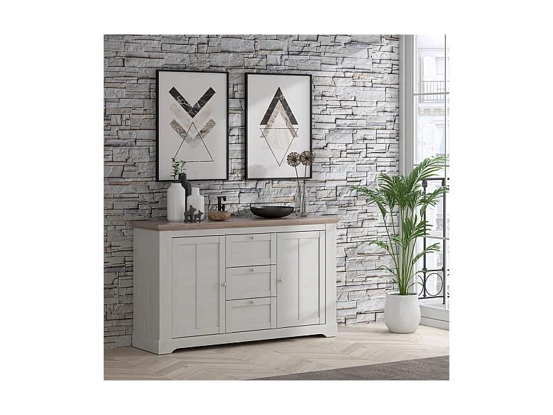 Buffet 160 cm 2 portes 3 tiroirs décor chêne clair blanchi - ANGELE