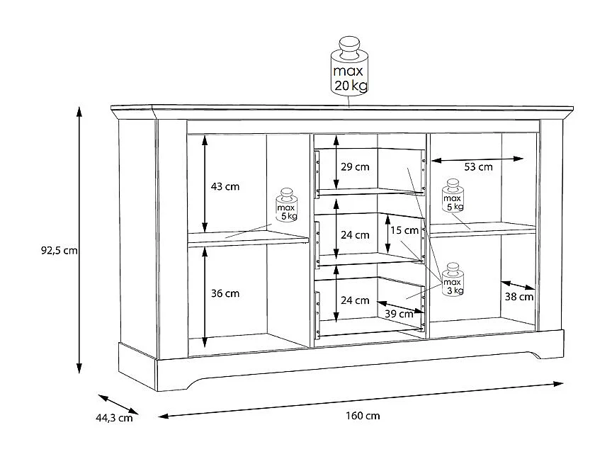 Buffet 160 cm 2 portes 3 tiroirs décor chêne clair blanchi - ANGELE