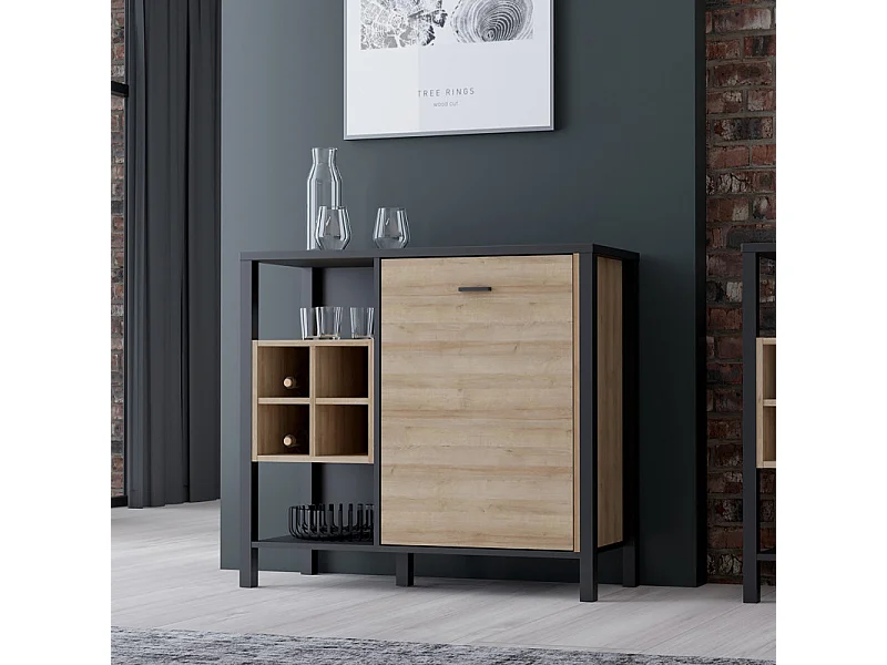 Buffet mini bar décor noir effet chêne avec poignée noir - MODE