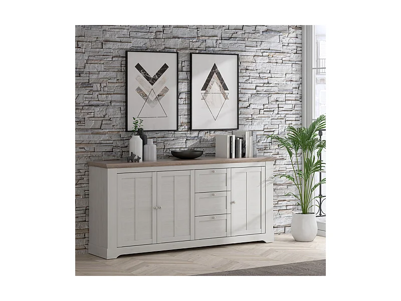 Buffet 204 cm 3 portes 3 tiroirs décor chêne clair blanchi - ANGELE