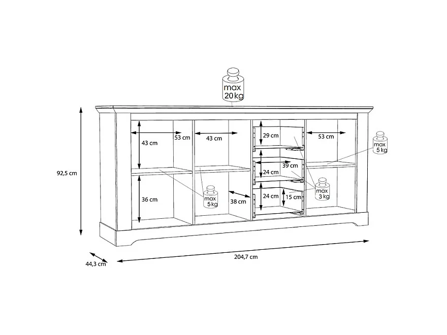 Buffet 204 cm 3 portes 3 tiroirs décor chêne clair blanchi - ANGELE