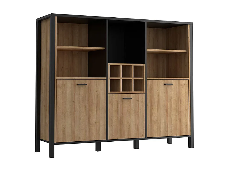 Buffet haut décor noir et effet chêne avec poignées noir - MODE