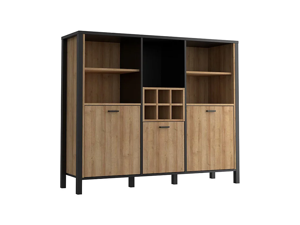 Buffet haut décor noir et effet chêne avec poignées noir - MODE