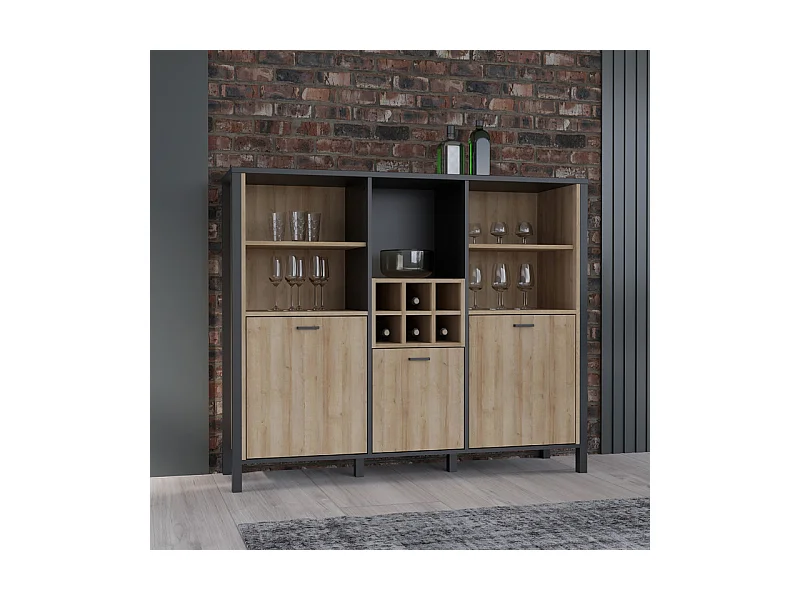 Buffet haut décor noir et effet chêne avec poignées noir - MODE