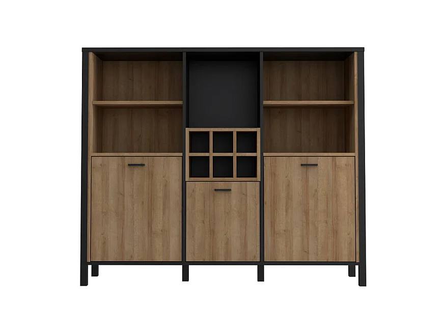 Buffet haut décor noir et effet chêne avec poignées noir - MODE