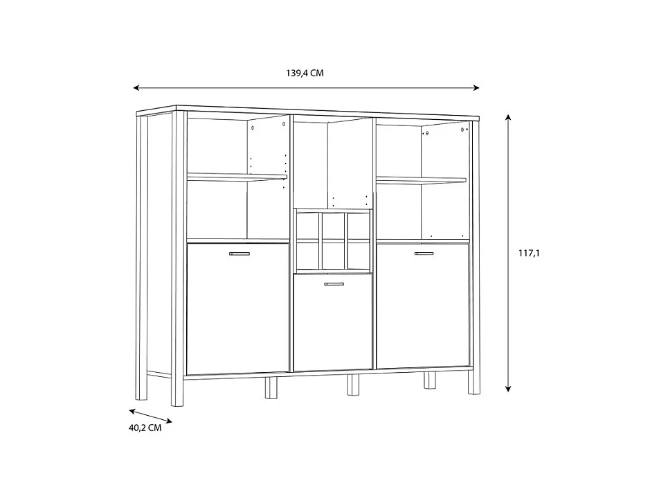 Buffet haut décor noir et effet chêne avec poignées noir - MODE