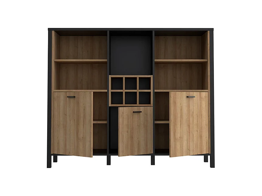 Buffet haut décor noir et effet chêne avec poignées noir - MODE