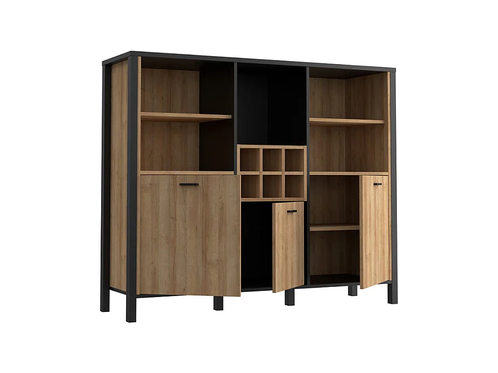 Buffet haut décor noir et effet chêne avec poignées noir - MODE