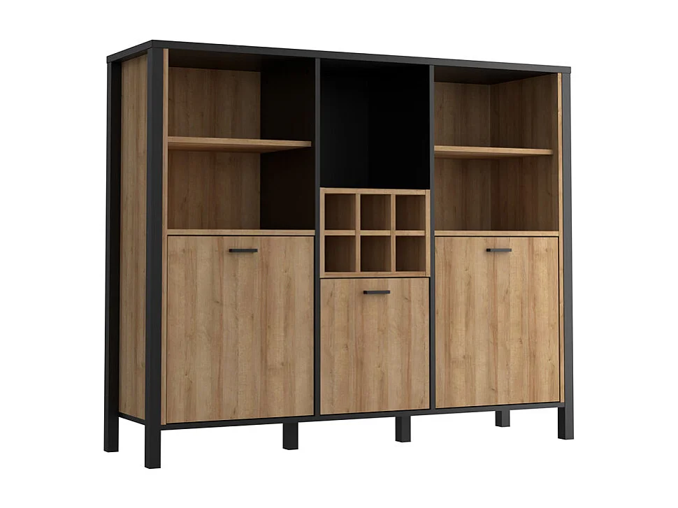 Buffet haut décor noir et effet chêne avec poignées noir - MODE